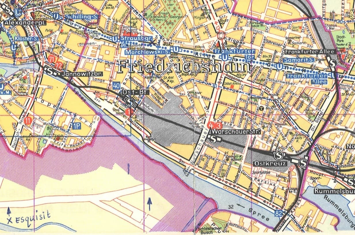 1966 DDR map excerpt showing Friedrichshain and the Seumestraße area in East Berlin
